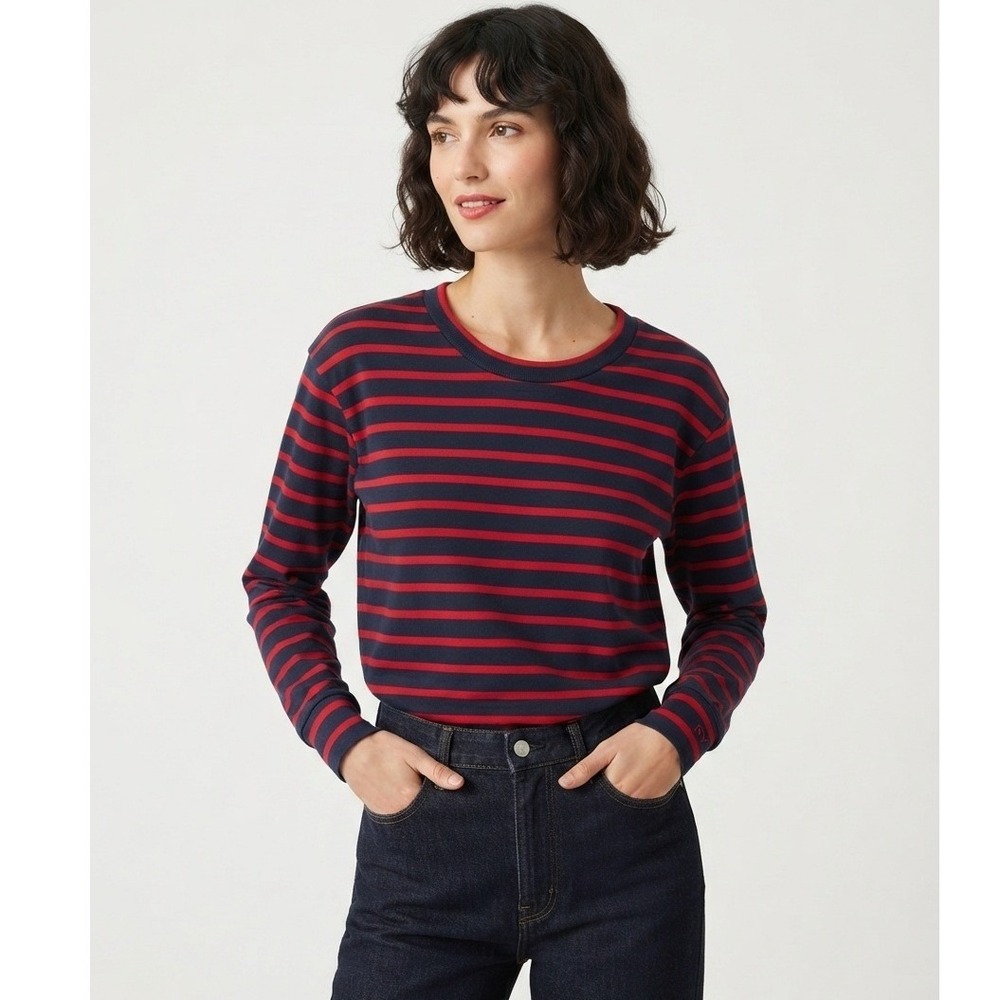 Anthropologie Sonia Rykiel Paris Striped Long Sleeve Crewneck Top Navy Red SM